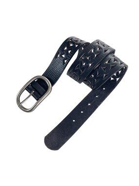 Black Genuine Leather Belt with Cutout Design & Silver Oval Buckle Women's Sz M